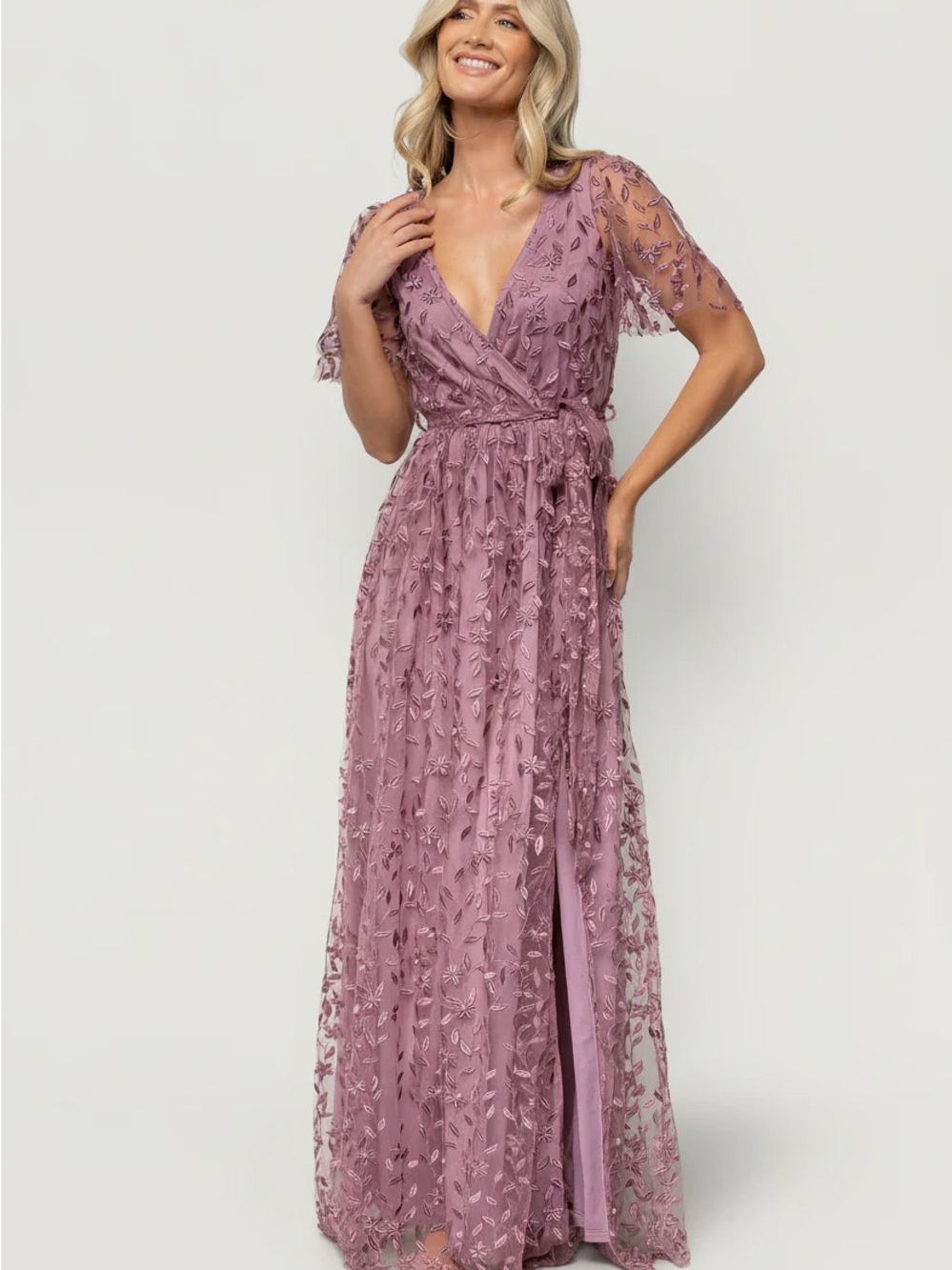 Baltic Born Dusty Mauve Embroidered Lace Wrap Maxi Dress
